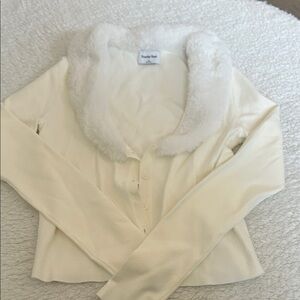 Sunday Best Cream Cardigan with Faux Fur Collar